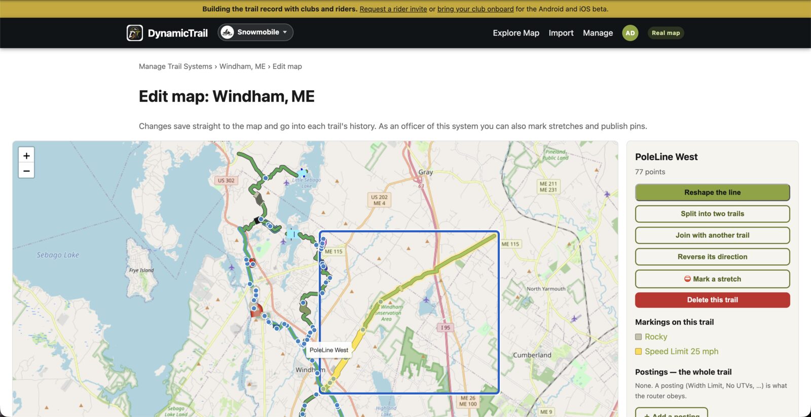 The website's map editor on a club's trail system, with a trail selected and its marked stretches drawn as rings along the line