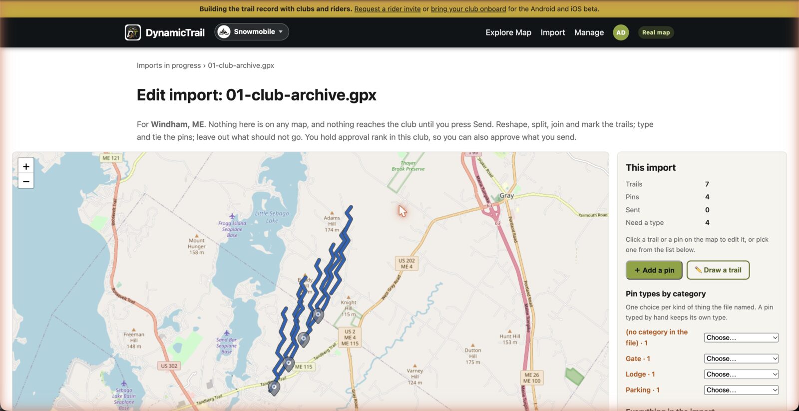 The website's import editor with a staged GPX archive: the trails and pins from the file drawn on a map, a side list of rows, and the Send controls