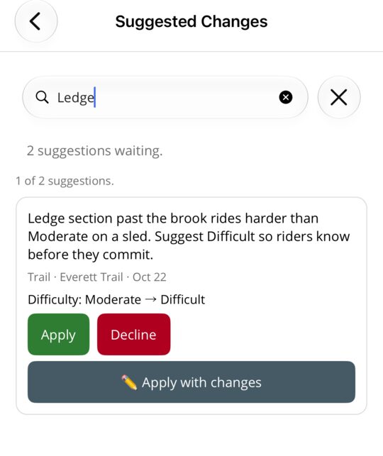 A suggested change open for review: the rider's proposal beside the current trail, with Apply, Adjust and Decline