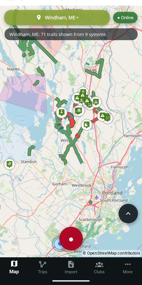 The DynamicTrail map showing club trails around Windham, Maine, with closed sections marked in red