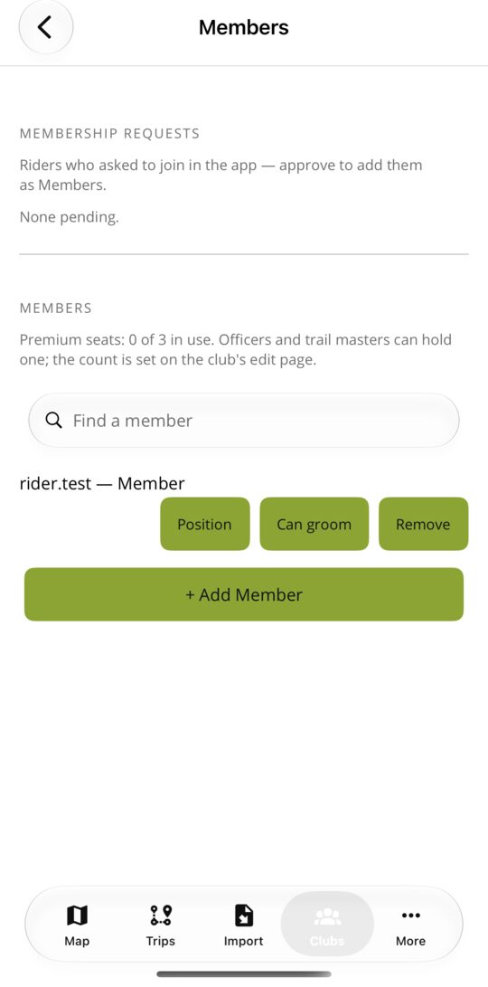 The club members page as an officer sees it, with a join request waiting for a rank to be chosen