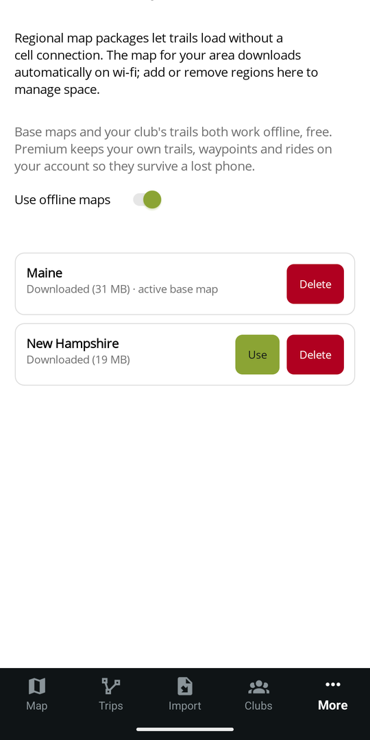 The offline maps screen with Maine and New Hampshire downloaded, 31 MB and 19 MB