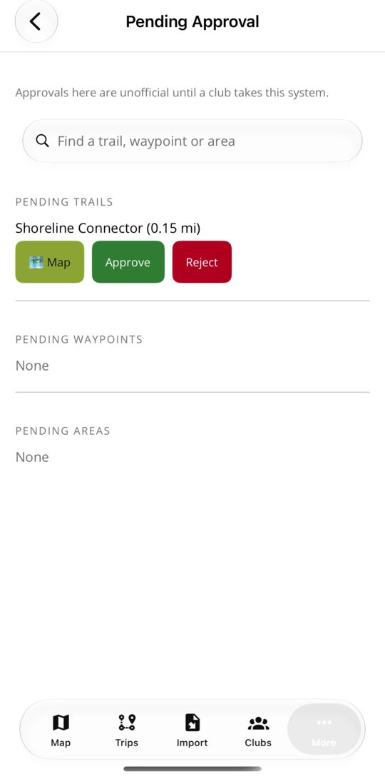 The officer's Pending approval list, with a trail and a pin waiting for a decision