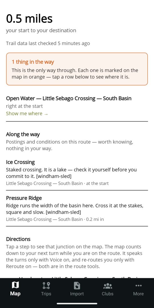 The What's on this route page for a planned route: Open Water on the crossing right at the start with Show me where, then Along the way listing Ice Crossing and Pressure Ridge with the club's notes, then the directions