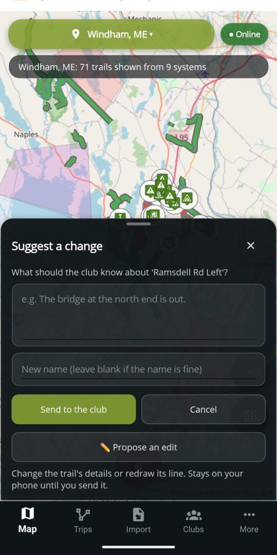 The Suggest a change sheet on a trail: a note to the club, an optional new name, and a Propose an edit button
